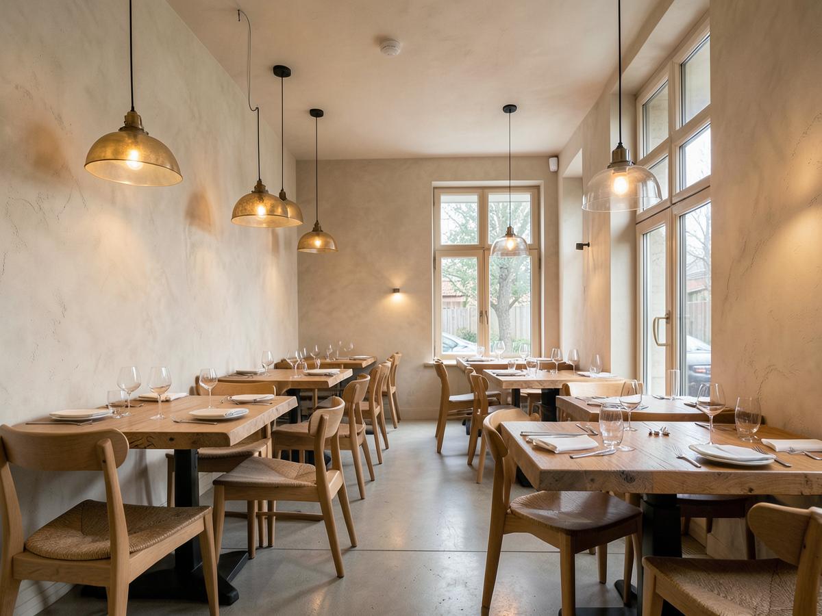 Gastraum eines Restaurants mit Holztischen und Pendelleuchten