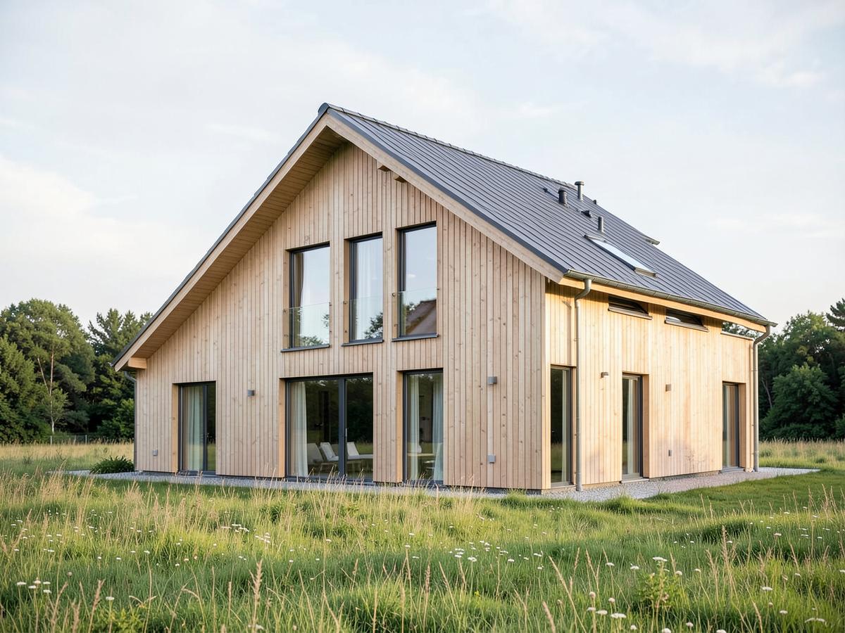 Neubau eines Wohnhauses mit Holzfassade und großen Fenstern